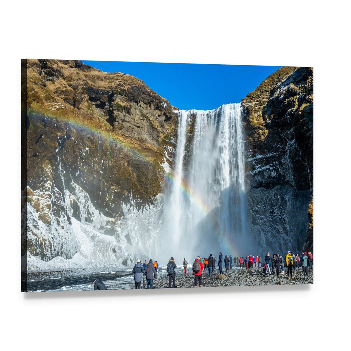 Skogafoss Winter Waterfall with Rainbow Canvas Wall Art, single panel gallery wrapped canvas, angled product view