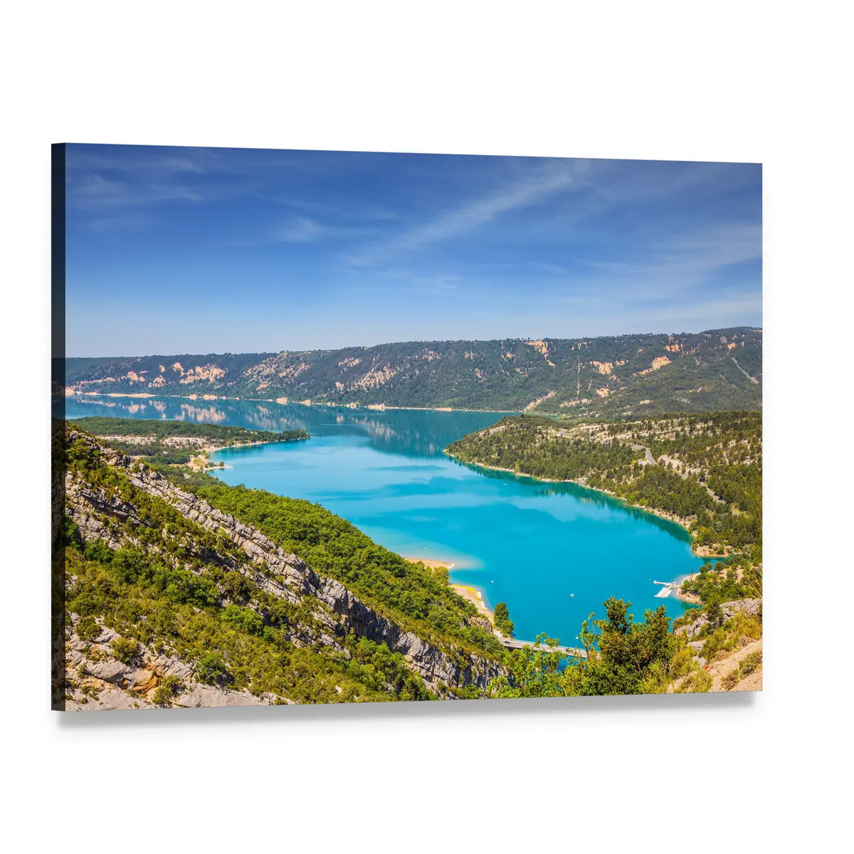 Canyon of Verdon Turquoise Lake View Canvas Wall Art, single panel gallery wrapped canvas, angled product view