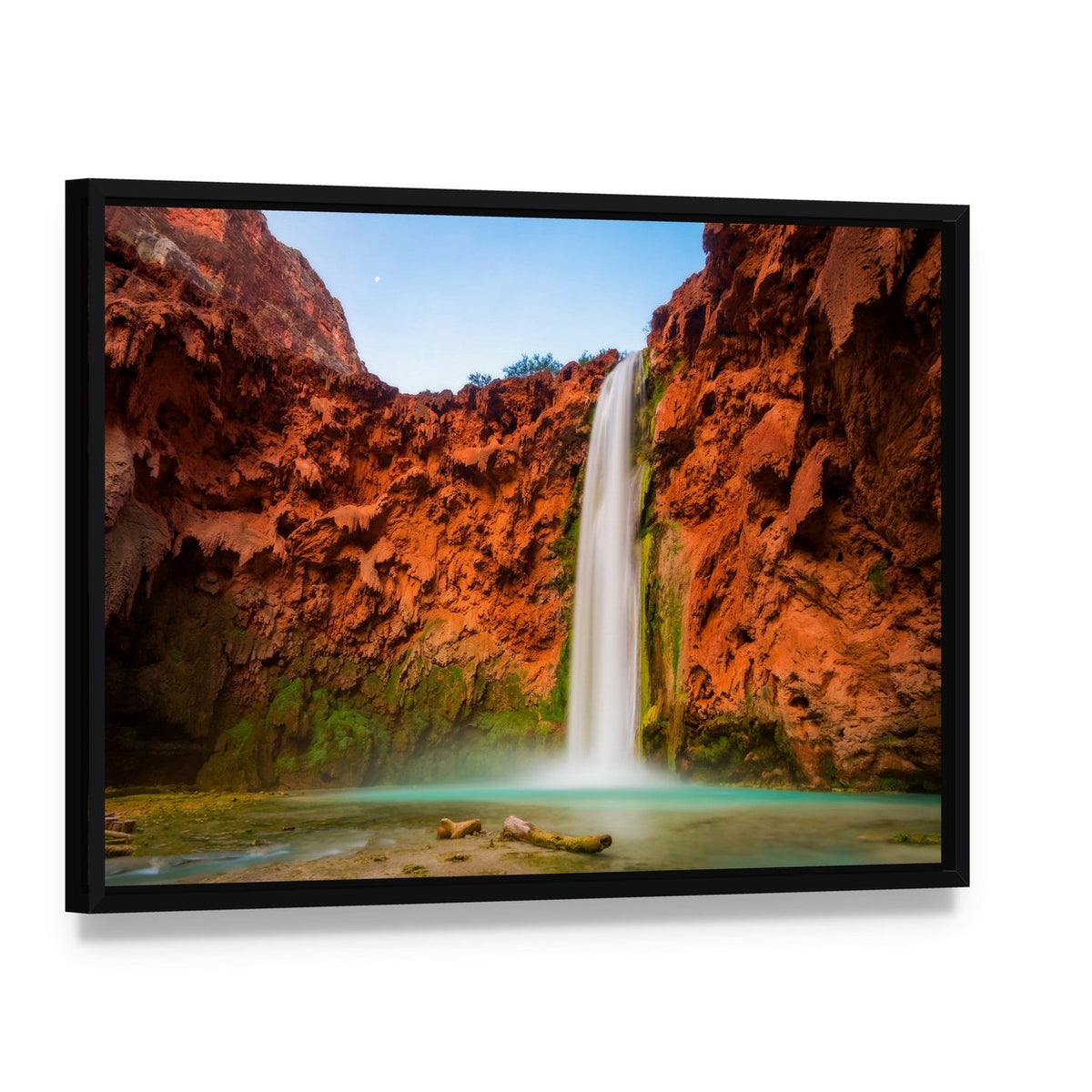 Turquoise Waters of Mooney Falls Canvas Wall Art, framed canvas in a black floater frame, angled product view