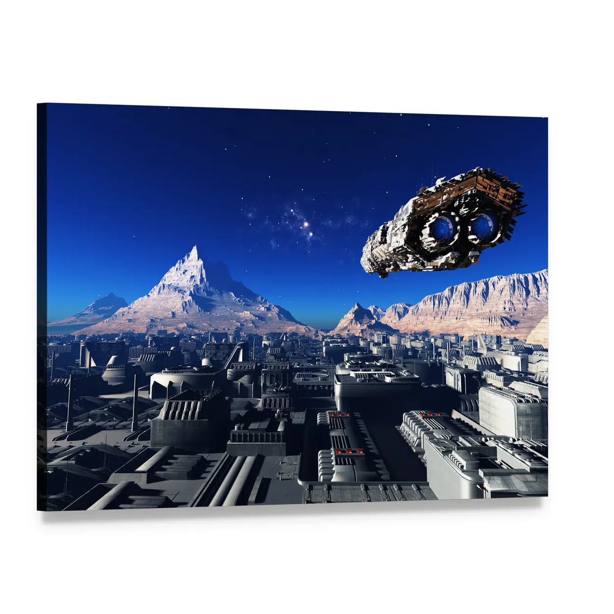 Spaceship Over Futuristic City Canvas Wall Art, single panel gallery wrapped canvas, angled product view