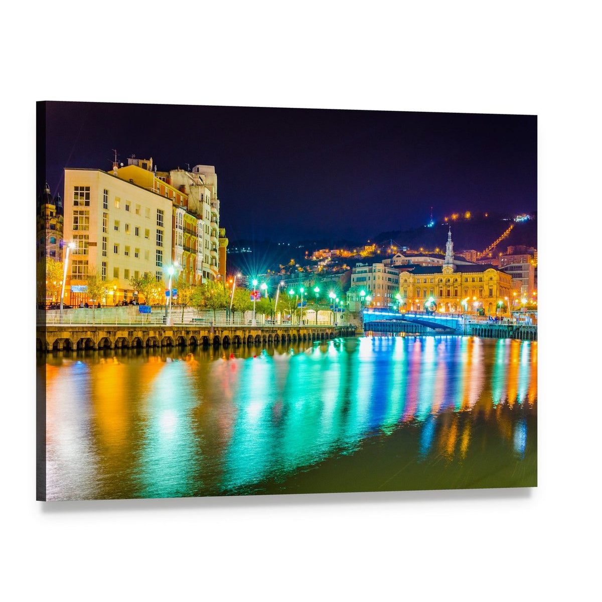 Nervion River at Night Canvas Wall Art, single panel gallery wrapped canvas, angled product view