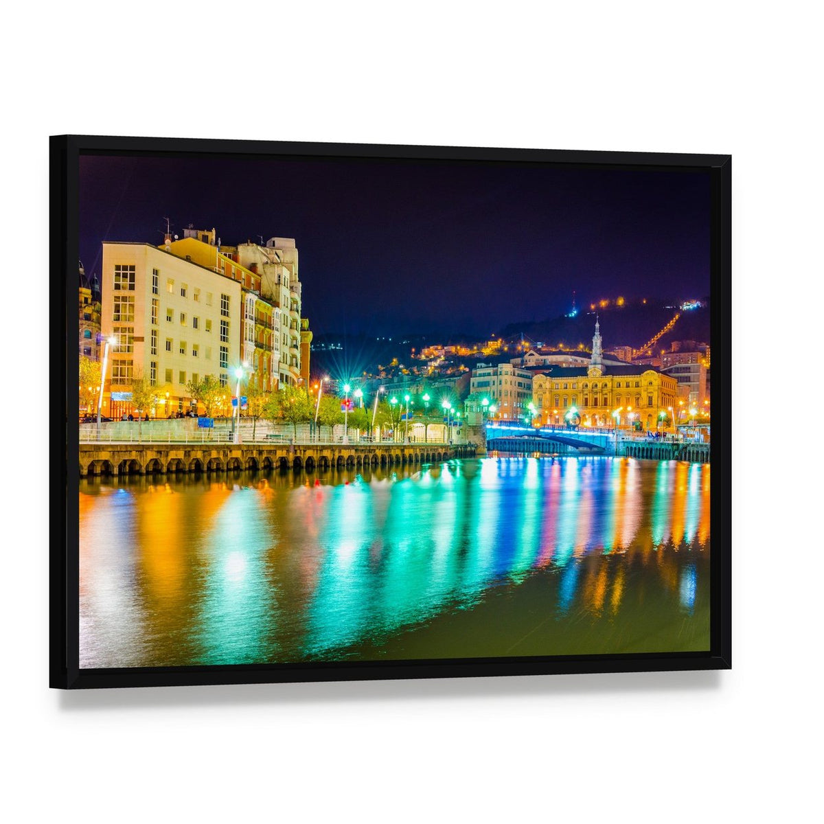 Nervion River at Night Canvas Wall Art, framed canvas in a black floater frame, angled product view