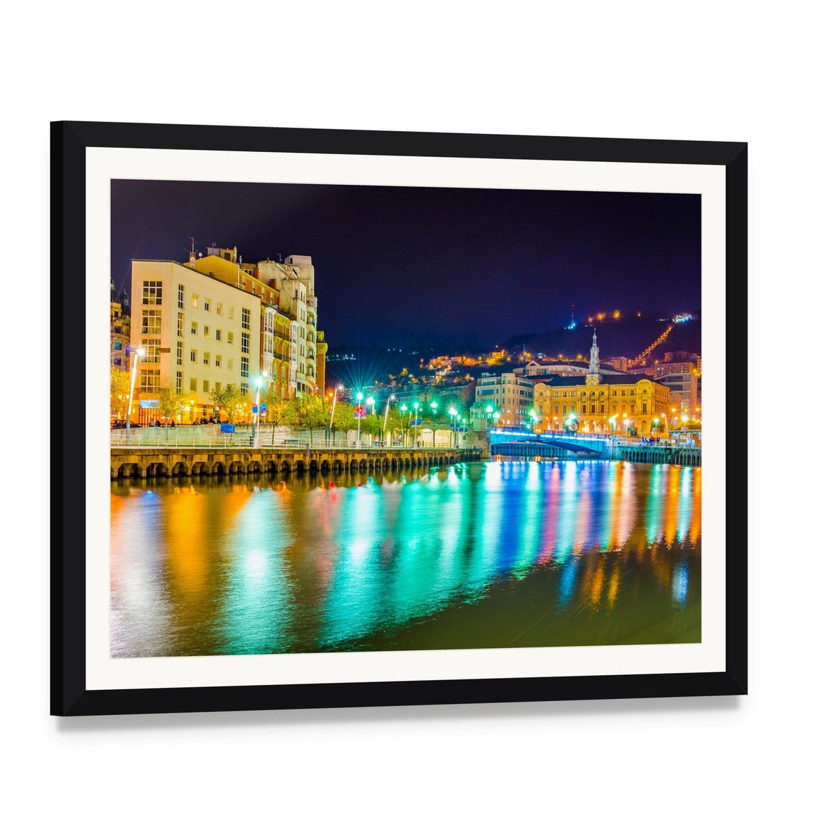 Nervion River at Night Canvas Wall Art, framed print with white mat and black frame, angled product view