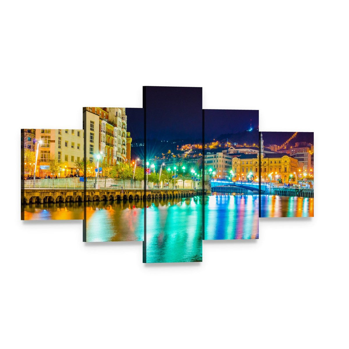 Nervion River at Night Canvas Wall Art, 5 panel 5 Star layout gallery wrapped canvas set, angled product view
