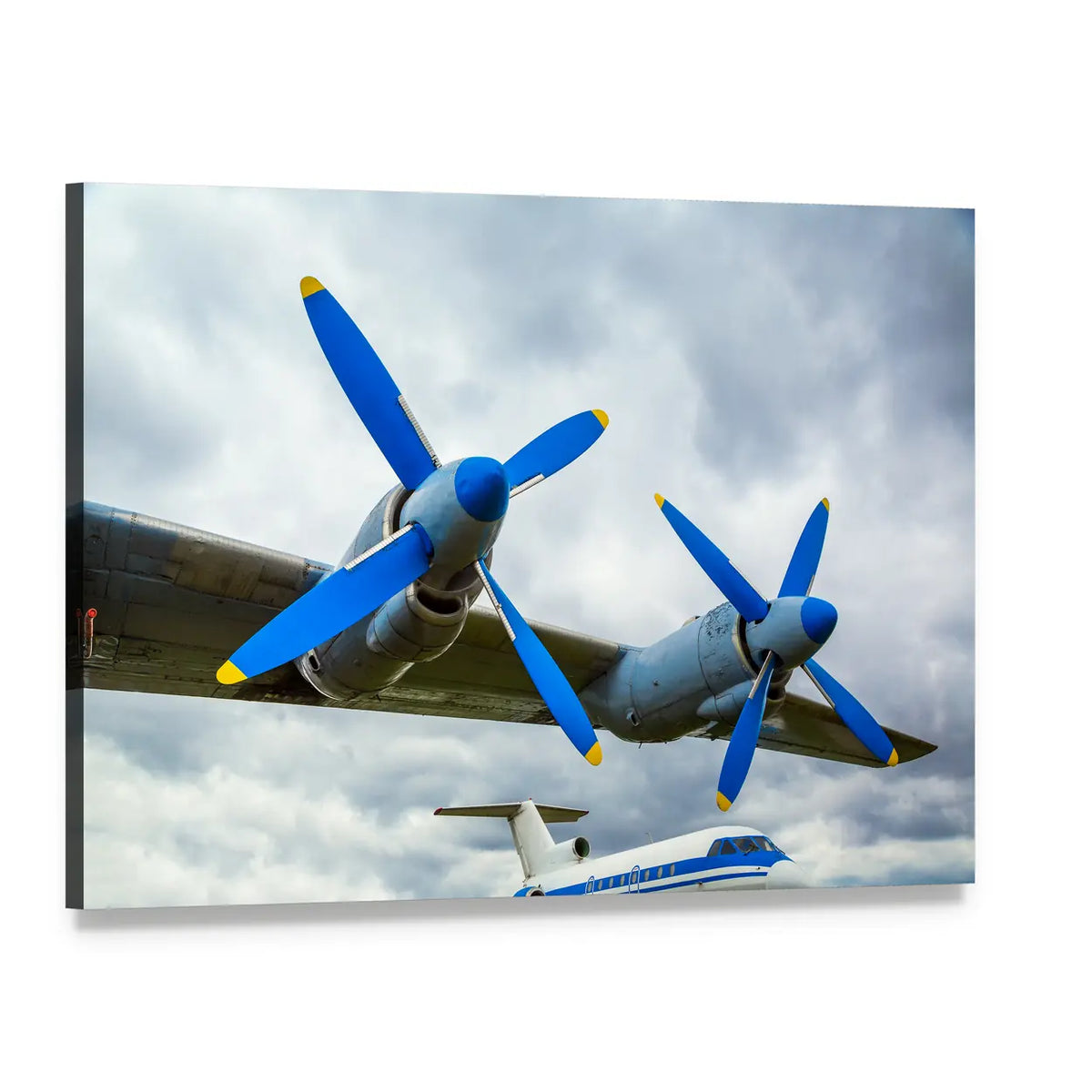Turboprop Wing with Blue Propellers Canvas Wall Art, single panel gallery wrapped canvas, angled product view