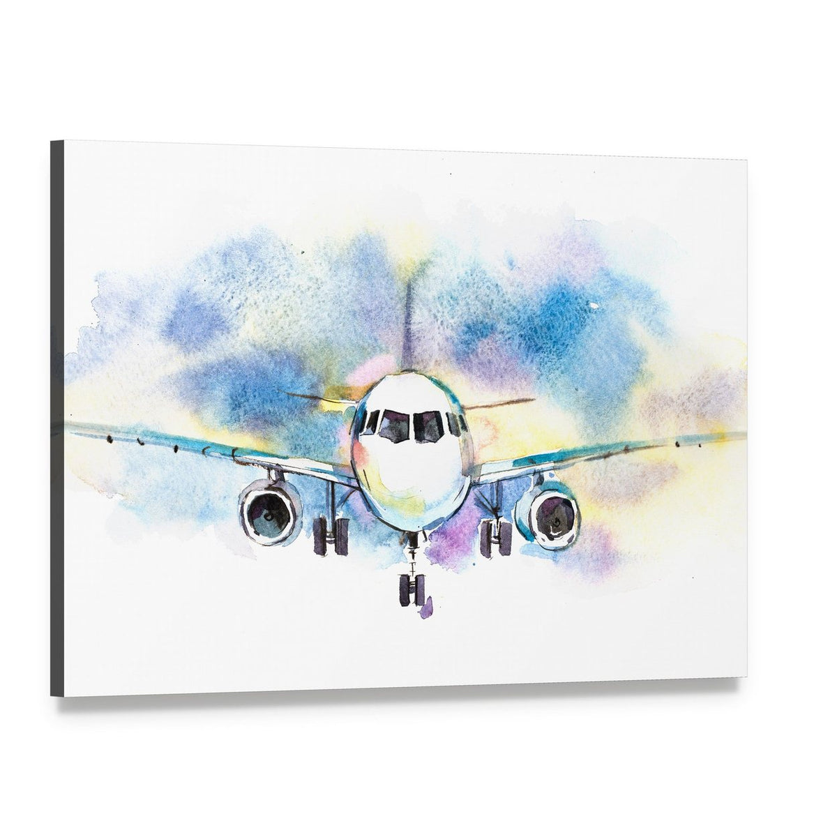 Front-facing Watercolor Airplane Canvas Wall Art, single panel gallery wrapped canvas, angled product view