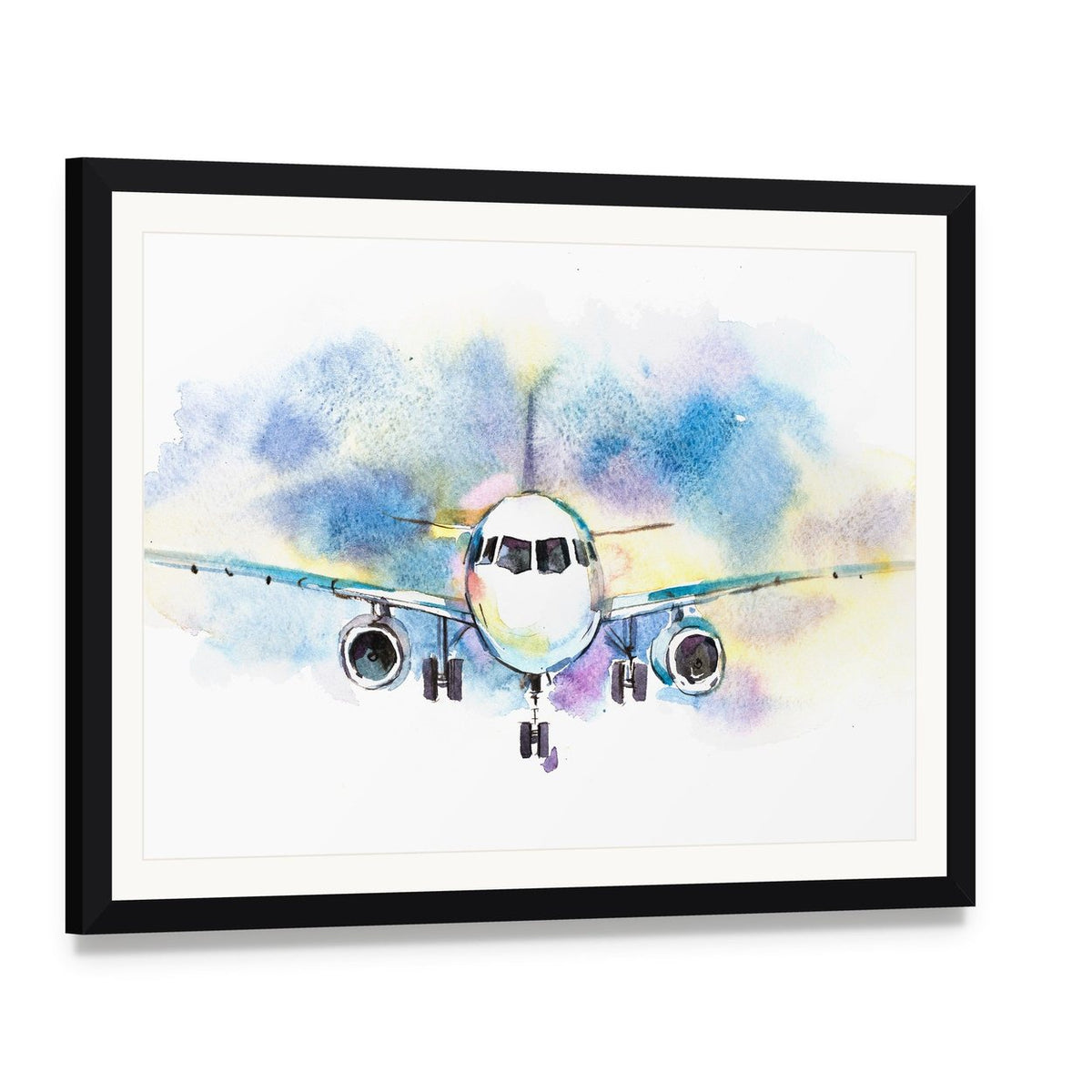 Front-facing Watercolor Airplane Canvas Wall Art, framed print with white mat and black frame, angled product view