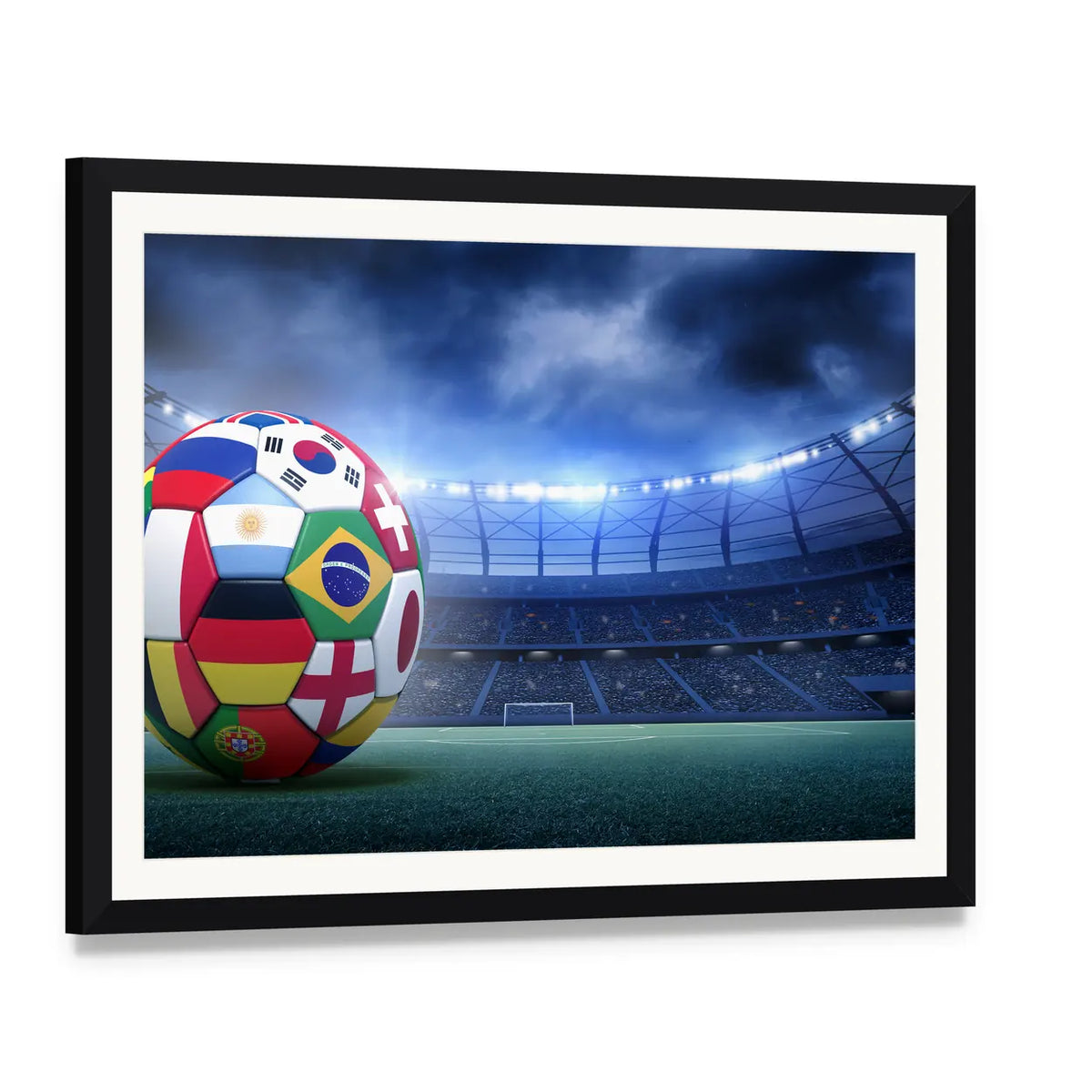 Soccer Ball with International Flags Canvas Wall Art, framed print with white mat and black frame, angled product view