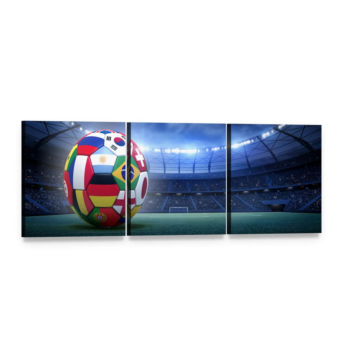 Soccer Ball with National Flags in Stadium Panoramic Canvas Wall Art, 3 panel 3 Piece layout gallery wrapped canvas set, angled product view