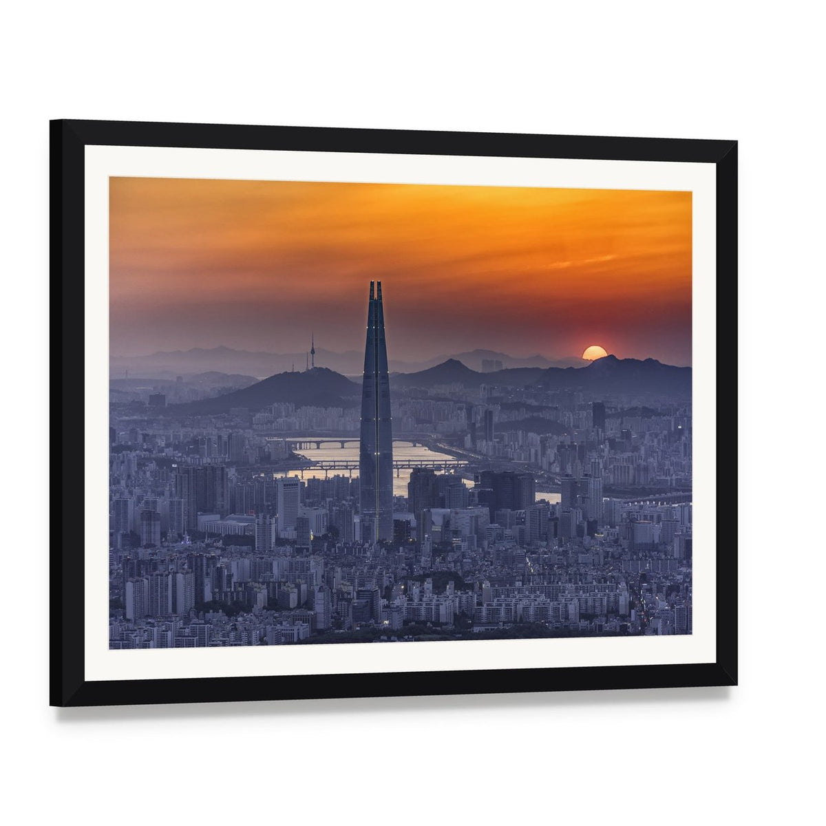 Seoul Skyline at Sunset Canvas Wall Art, framed print with white mat and black frame, angled product view