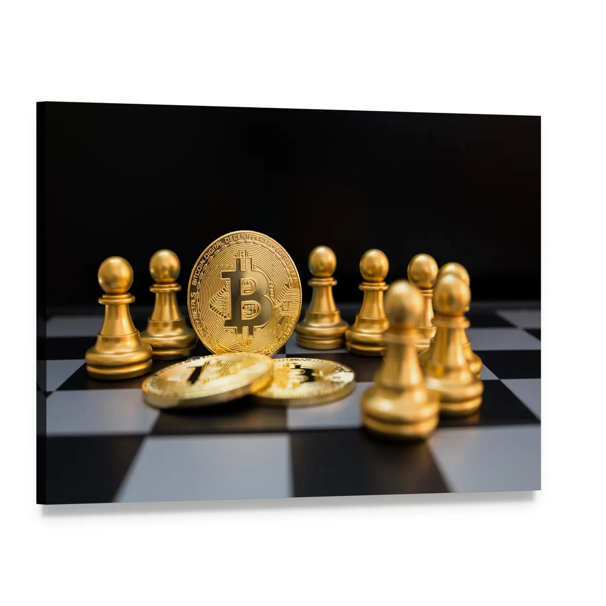 Golden Bitcoin and Chessboard Canvas Wall Art, single panel gallery wrapped canvas, angled product view