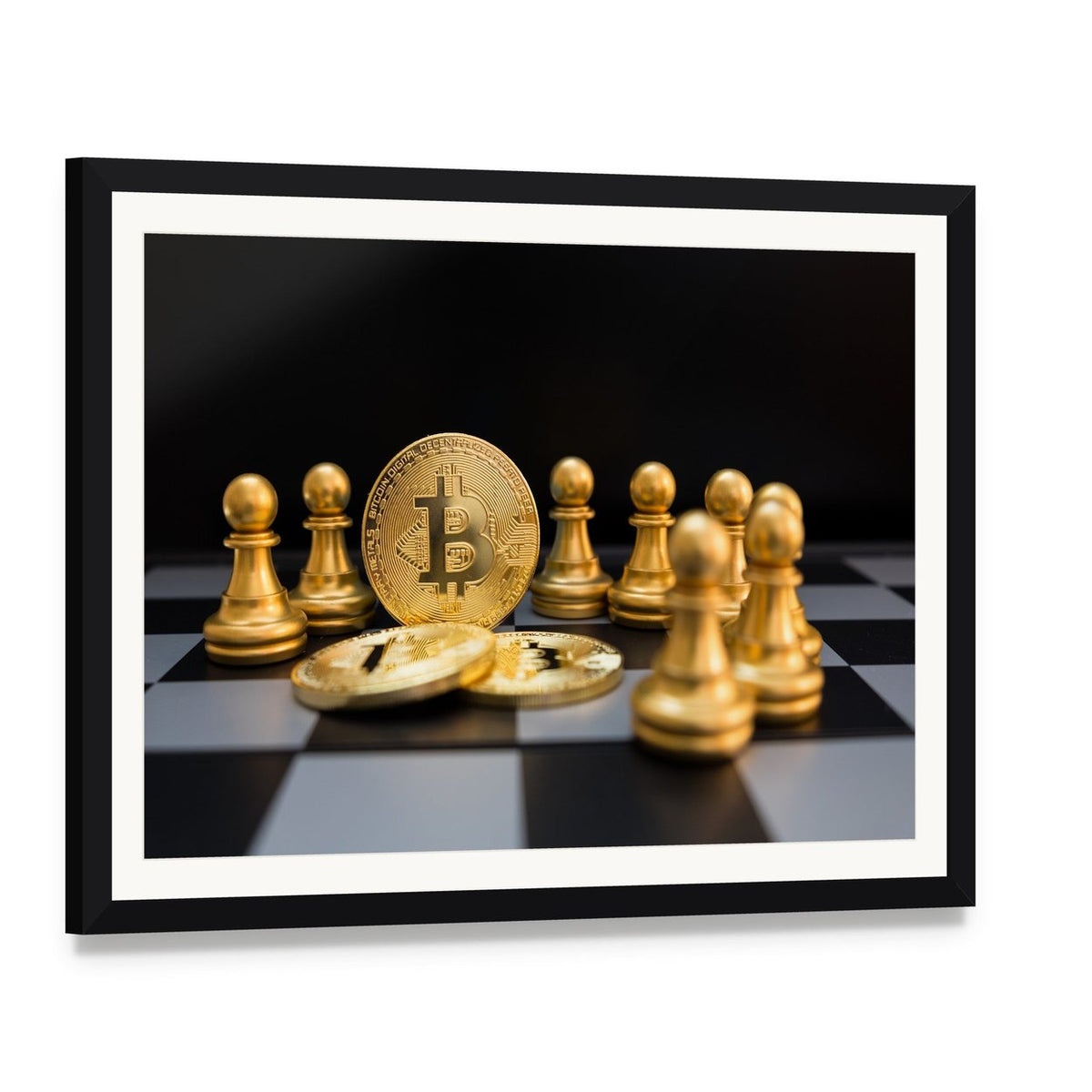 Golden Bitcoin and Chess Pieces Canvas Wall Art, framed print with white mat and black frame, angled product view