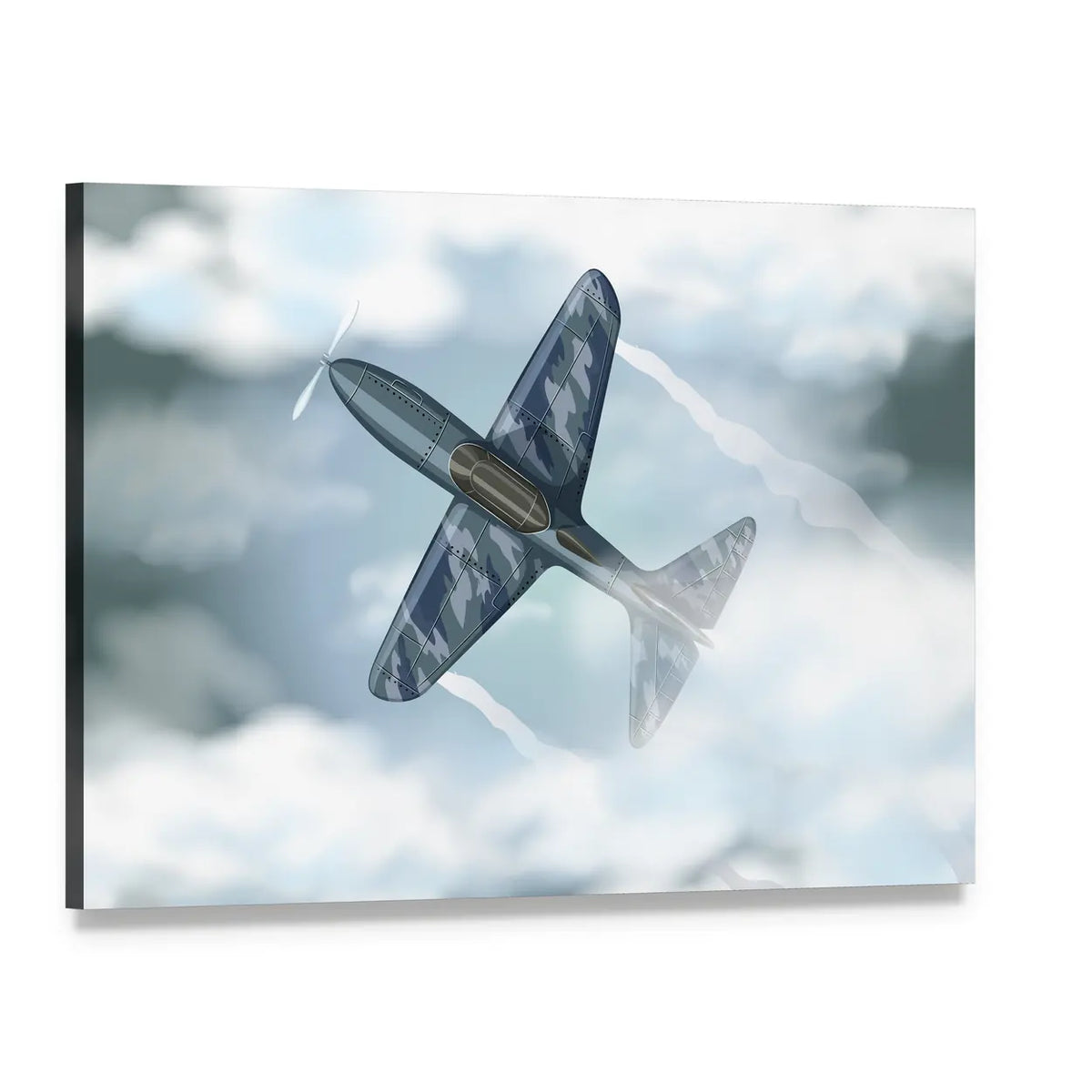 Camouflage Propeller Plane in Flight Canvas Wall Art, single panel gallery wrapped canvas, angled product view