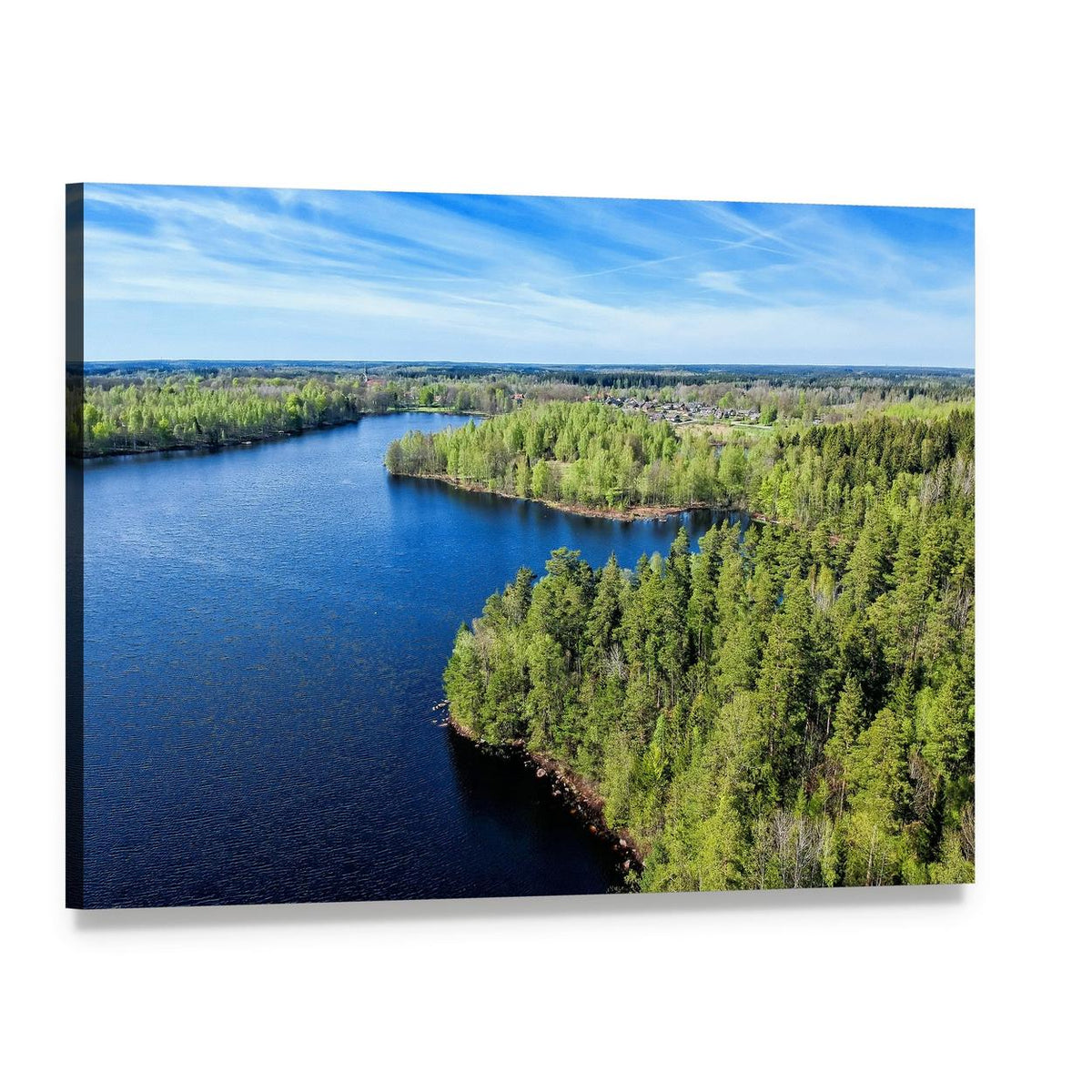 Spring Aerial View of Winding Lake Canvas Wall Art, single panel gallery wrapped canvas, angled product view