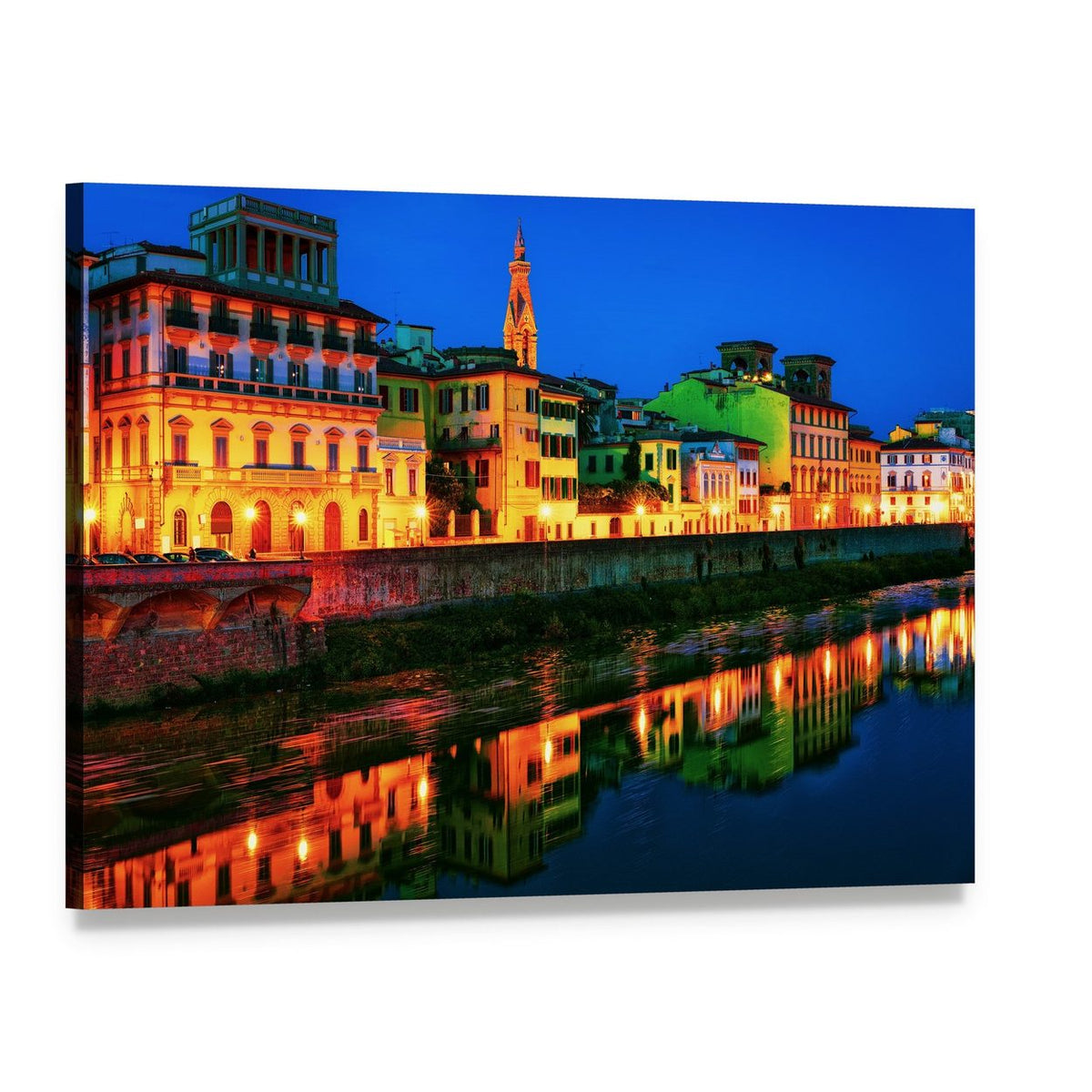 Arno River Embankment at Dusk Canvas Wall Art, single panel gallery wrapped canvas, angled product view