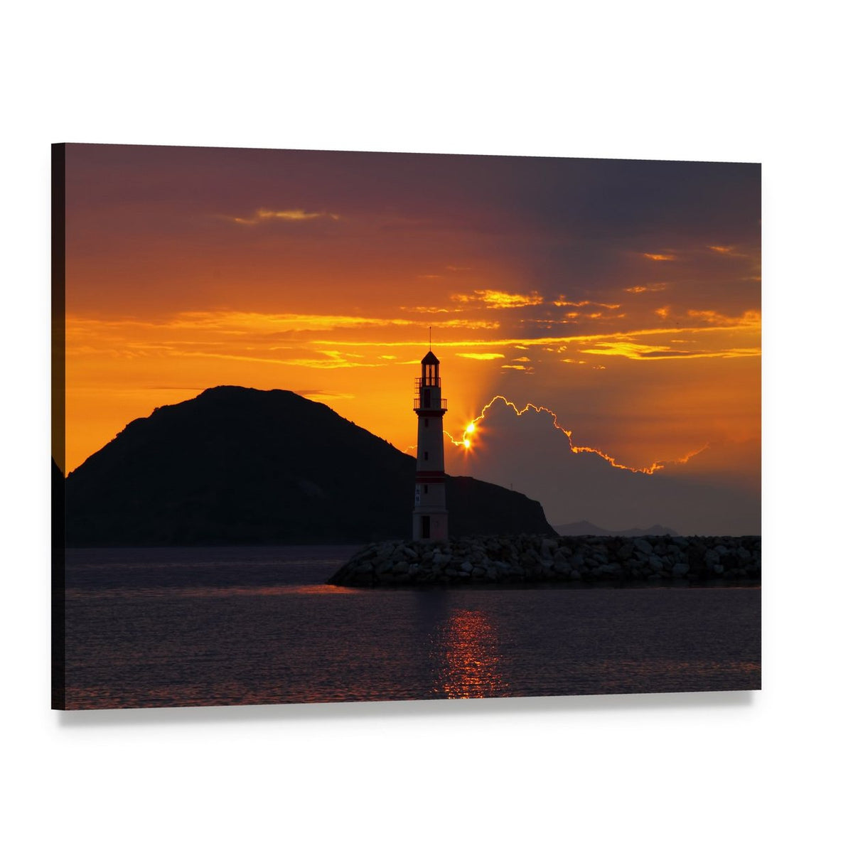 Seaside Town with Lighthouse at Sunset Canvas Wall Art, single panel gallery wrapped canvas, angled product view