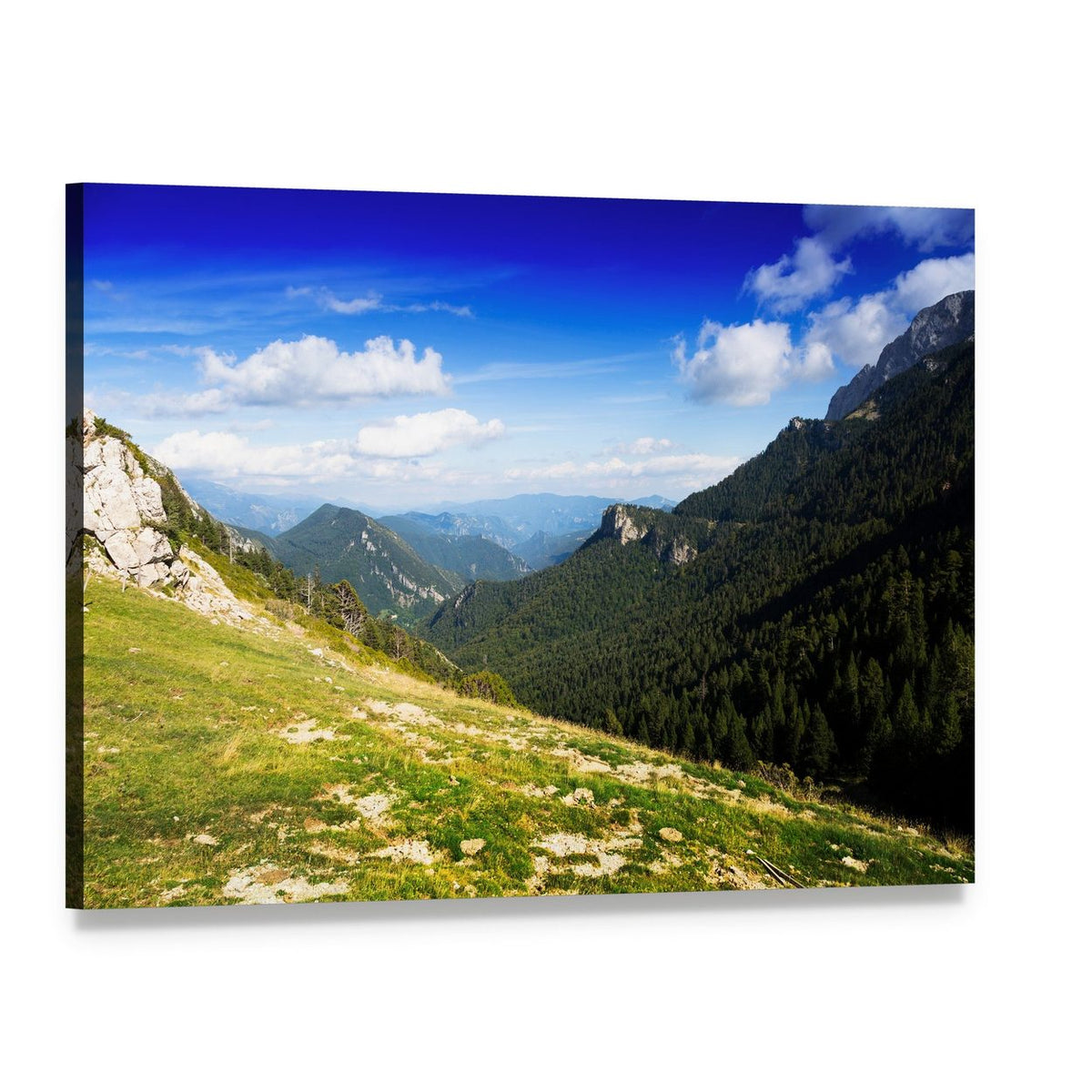 August Mountain Landscape Canvas Wall Art, single panel gallery wrapped canvas, angled product view