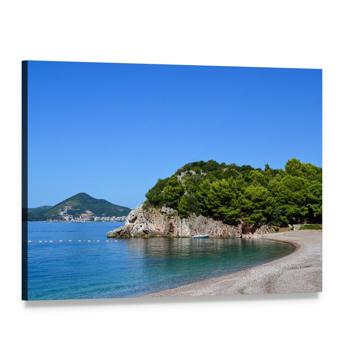 Sunny Sea View with Pebble Beach and White Boat Canvas Wall Art, single panel gallery wrapped canvas, angled product view