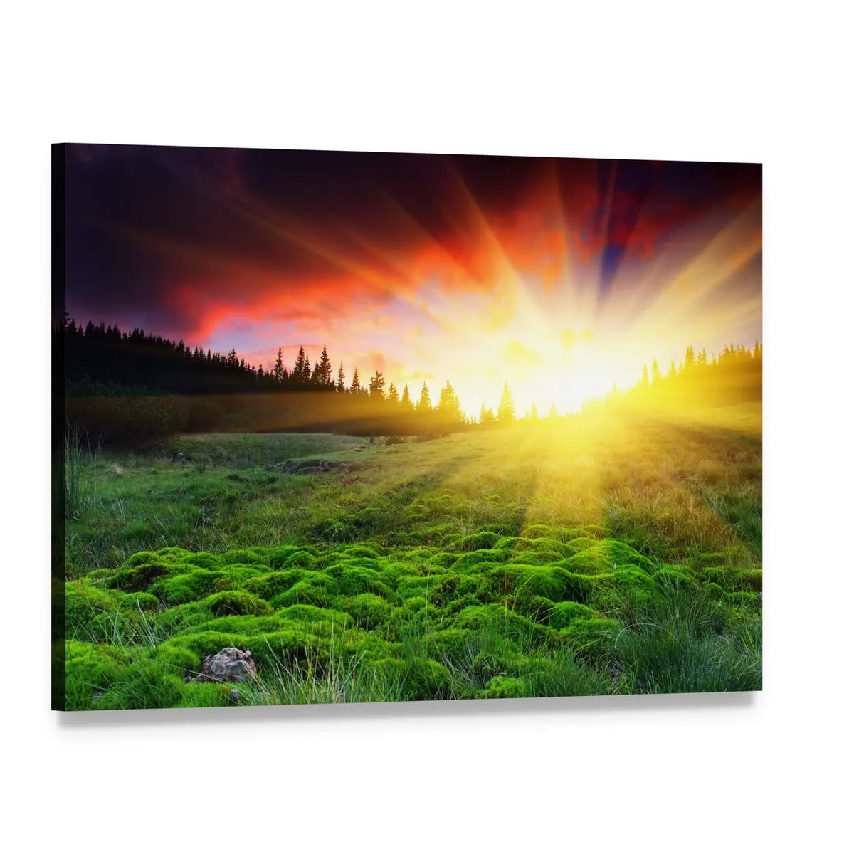 Mountain Sunrise Over Green Field Canvas Wall Art, single panel gallery wrapped canvas, angled product view