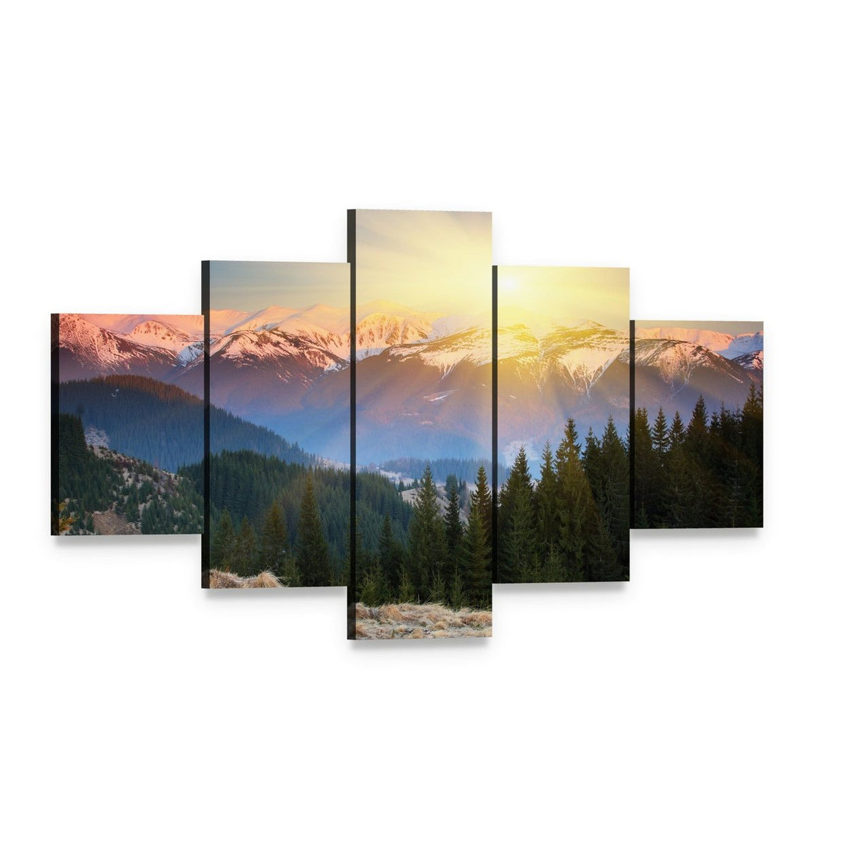 Snow-capped Mountain Sunrise with Pine Forest Canvas Wall Art, 5 panel 5 Star layout gallery wrapped canvas set, angled product view