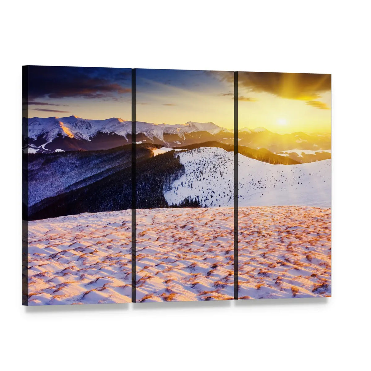 Sunset Over Snowy Mountains Canvas Wall Art, 3 panel 3 Horizontal layout gallery wrapped canvas set, angled product view