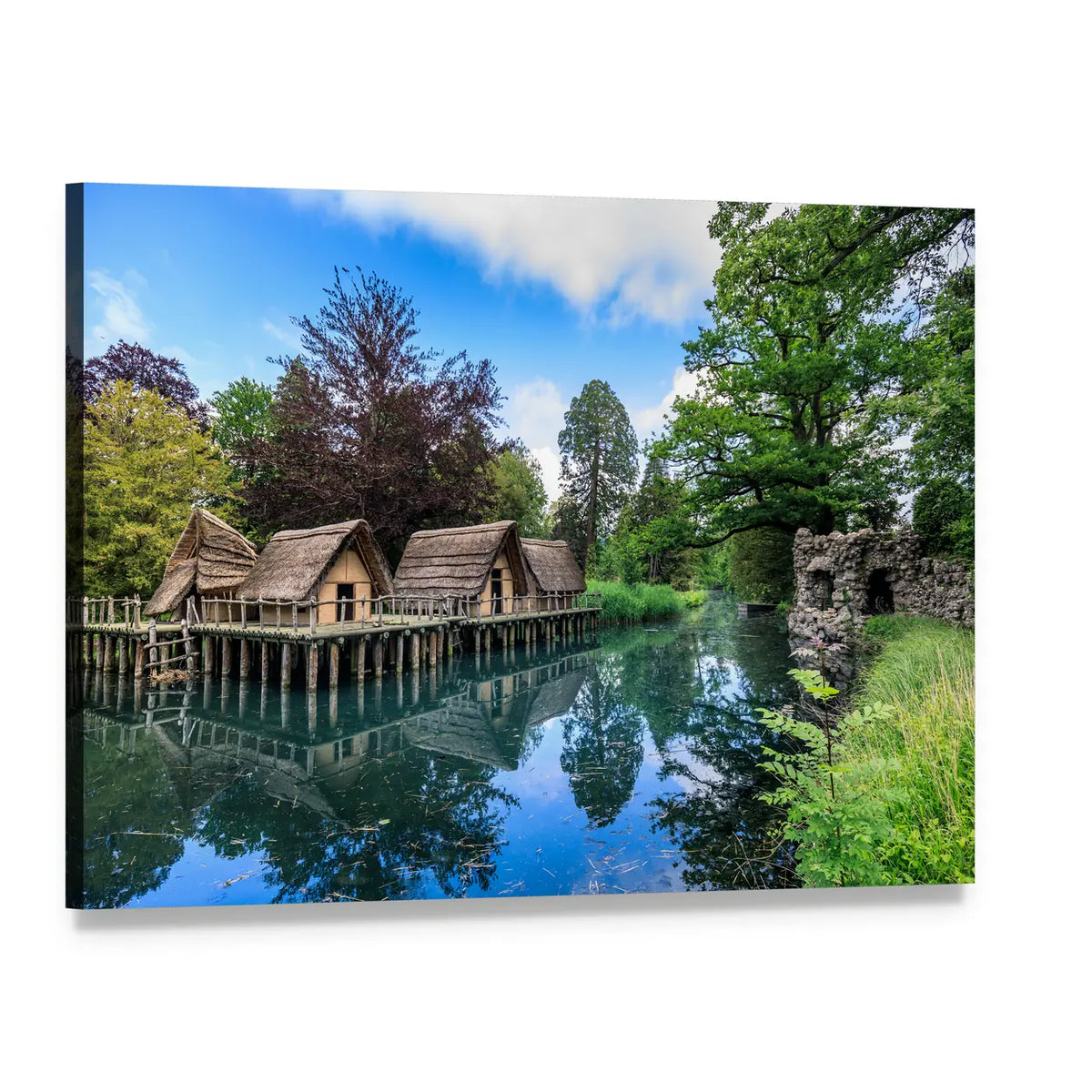 Thatched Stilt Houses with Water Reflections Canvas Wall Art, single panel gallery wrapped canvas, angled product view
