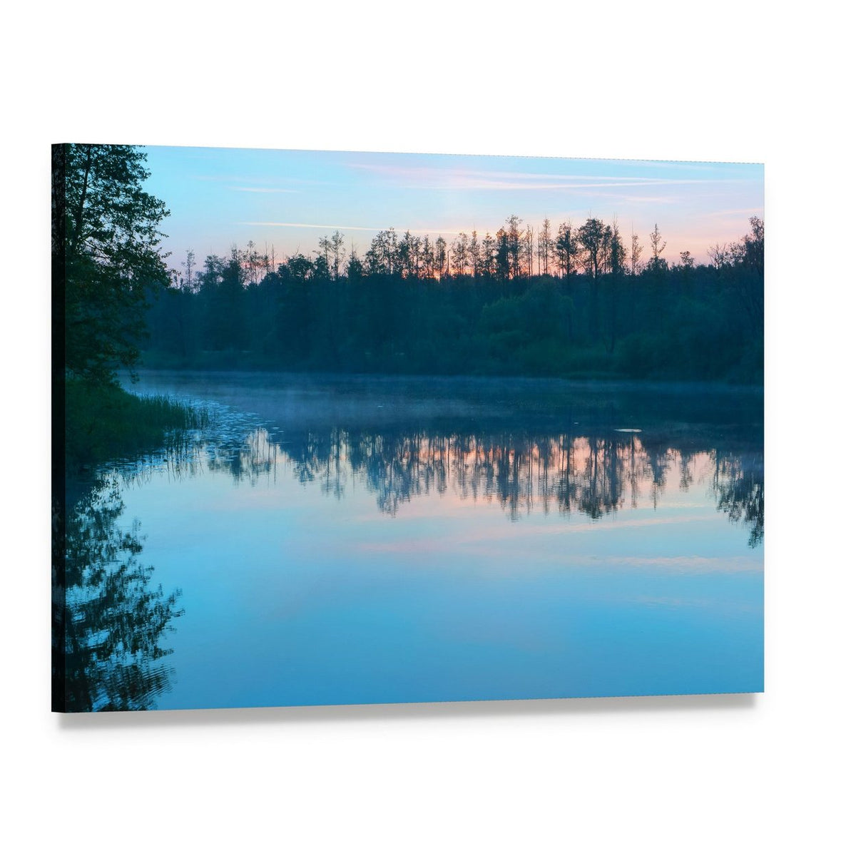 Misty Sunset Over Lake with Tree Silhouettes Canvas Wall Art, single panel gallery wrapped canvas, angled product view