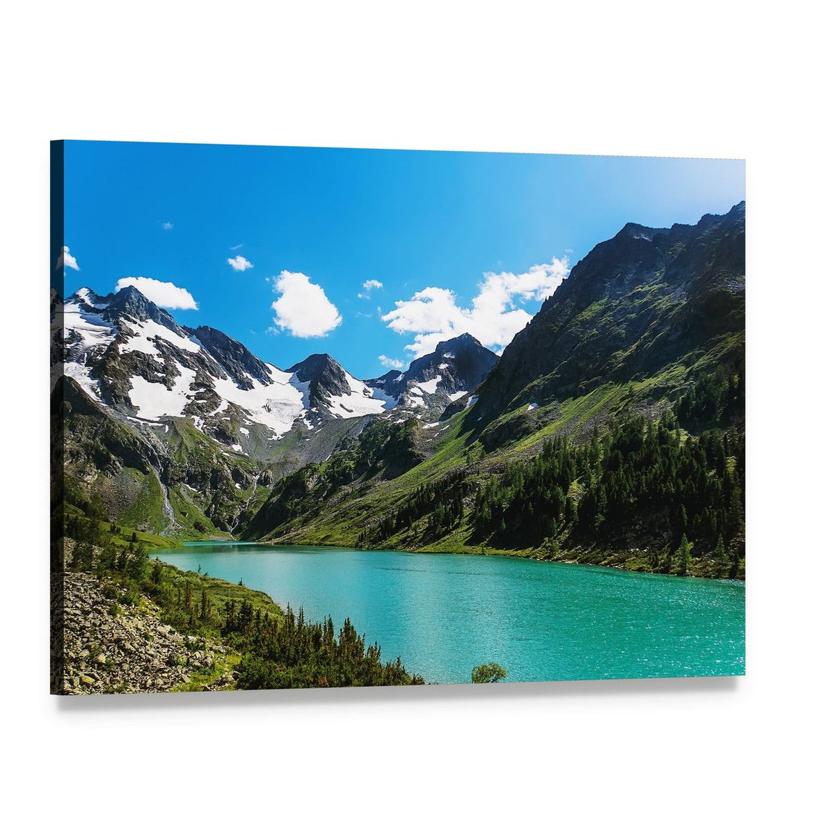 Blue River Through Snow-capped Mountains Canvas Wall Art, single panel gallery wrapped canvas, angled product view