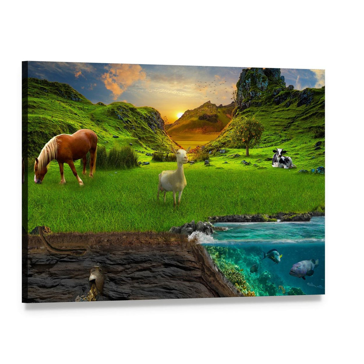 Sunset Meadow with Animals and Underwater Scene Canvas Wall Art, single panel gallery wrapped canvas, angled product view