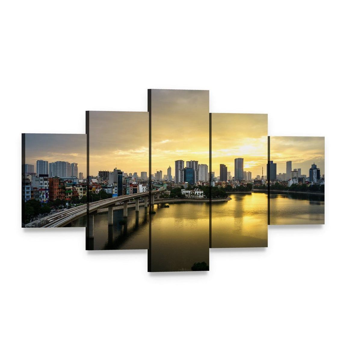Hanoi Skyline Over Hoang Cau Lake Canvas Wall Art, 5 panel 5 Star layout gallery wrapped canvas set, angled product view