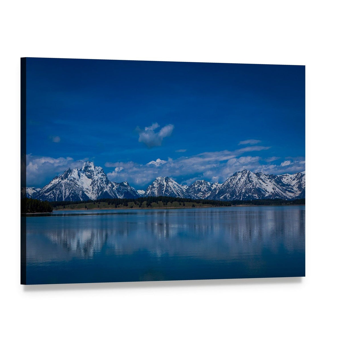 Snow-capped Mountains Over Calm Lake Canvas Wall Art, single panel gallery wrapped canvas, angled product view