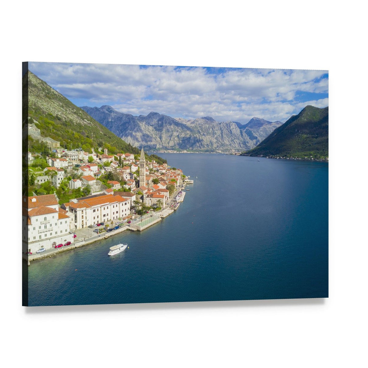 Aerial View of Coastal Town and Bay Canvas Wall Art, single panel gallery wrapped canvas, angled product view
