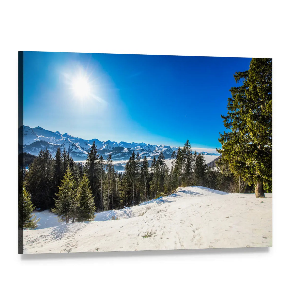 Sunlit Snow-capped Mountain Landscape Canvas Wall Art, single panel gallery wrapped canvas, angled product view