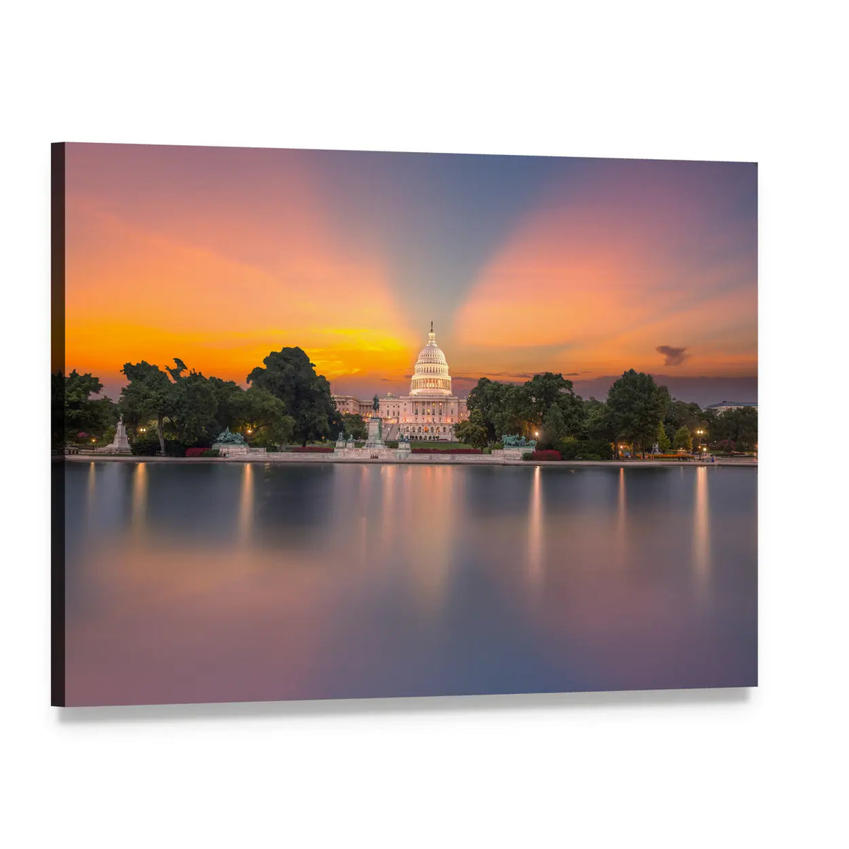 Us Capitol Reflection at Sunset Canvas Wall Art, single panel gallery wrapped canvas, angled product view