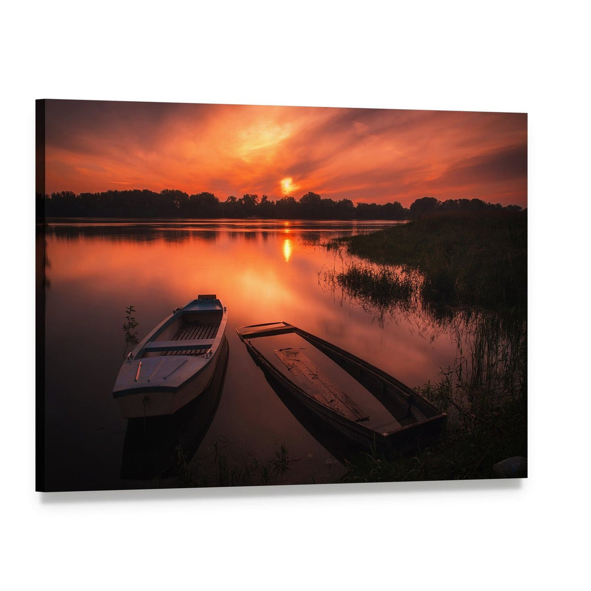 River Sunset with Two Boats Canvas Wall Art, single panel gallery wrapped canvas, angled product view