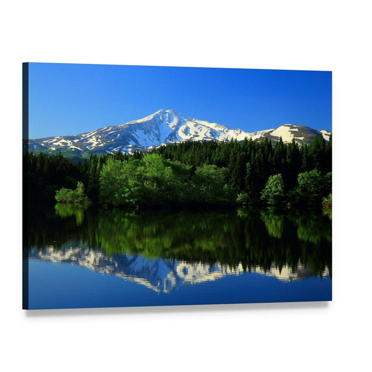 Green Mountain with Lake Reflection Canvas Wall Art, single panel gallery wrapped canvas, angled product view