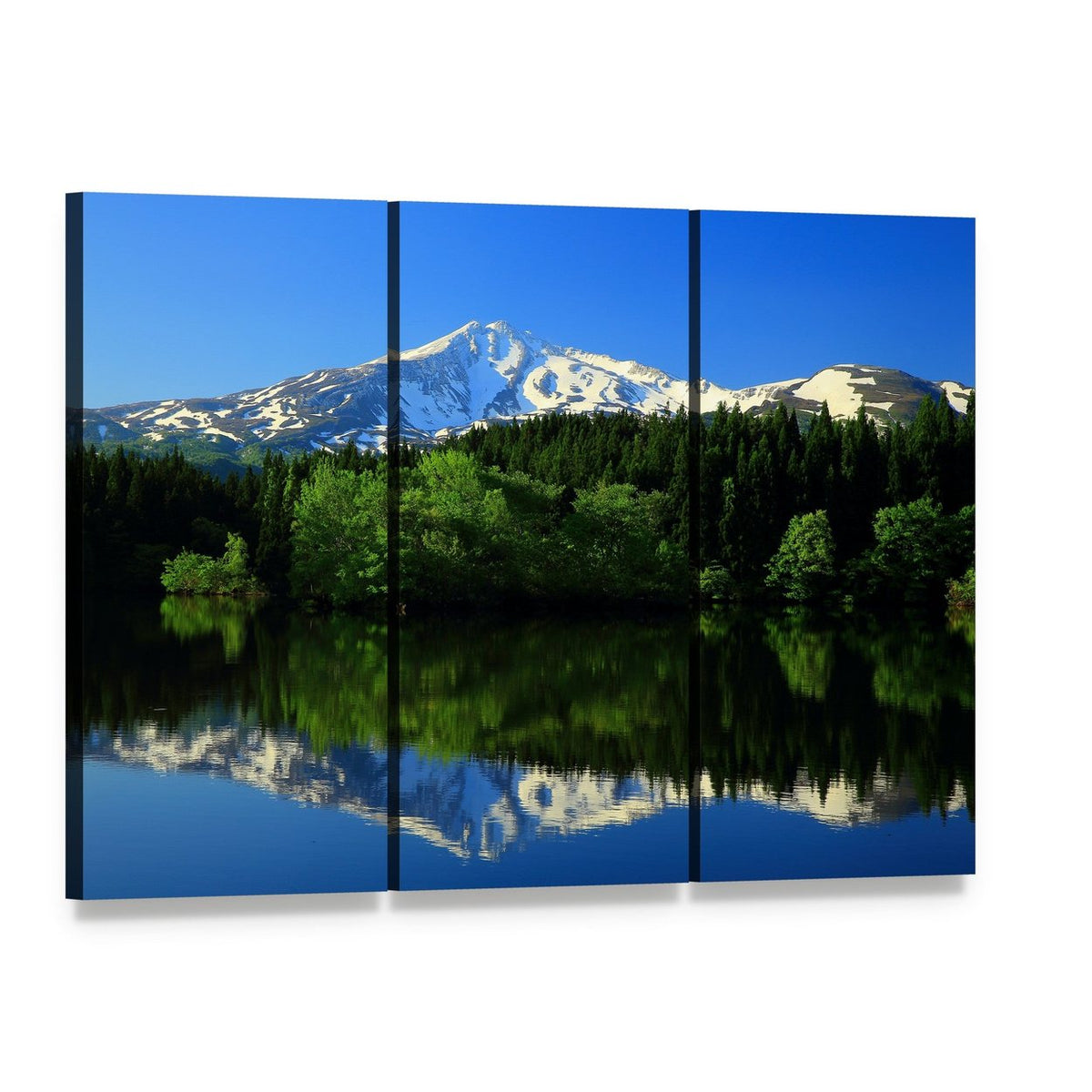 Green Mountain with Lake Reflection Canvas Wall Art, 3 panel 3 Horizontal layout gallery wrapped canvas set, angled product view