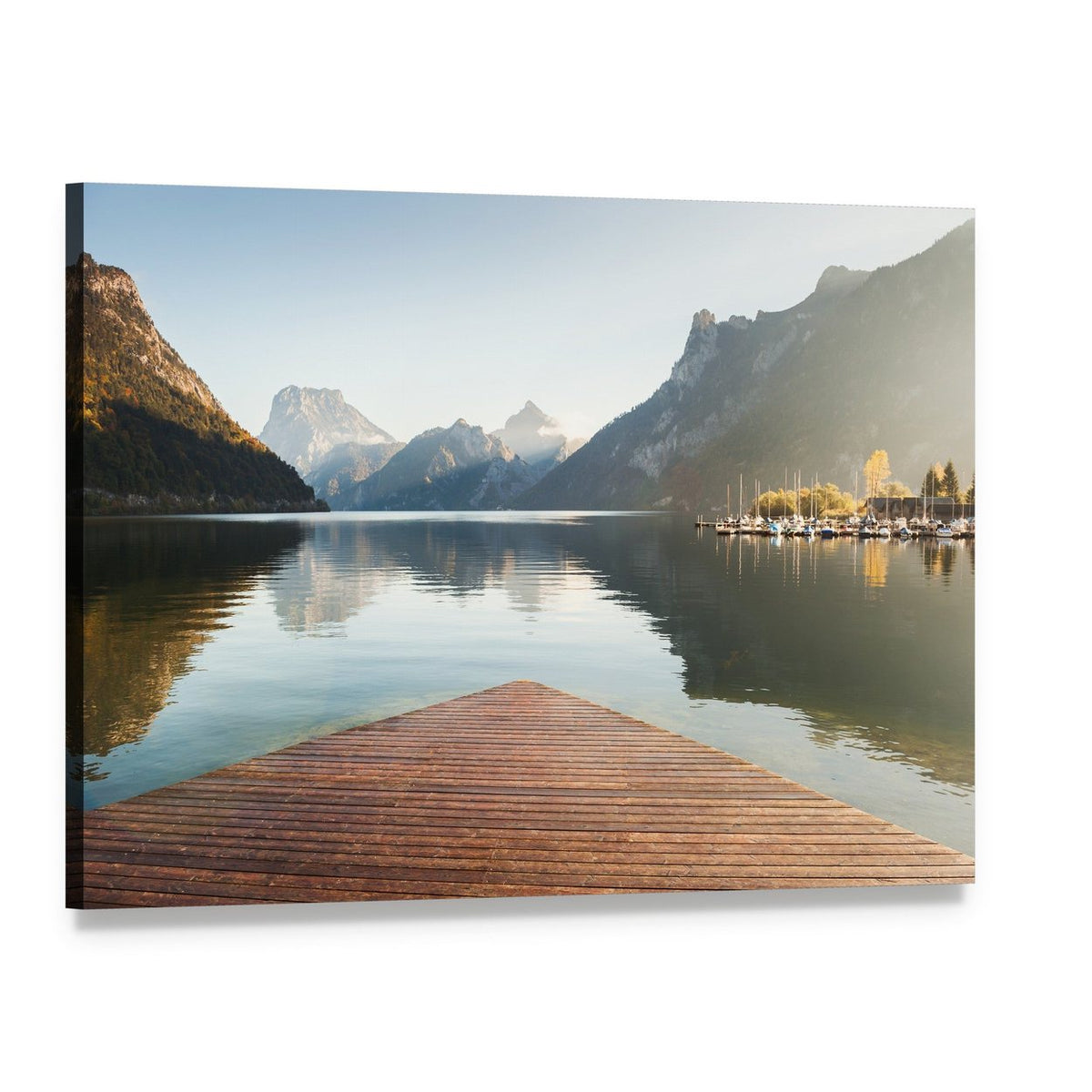 Wooden Pier on Alpine Lake Canvas Wall Art, single panel gallery wrapped canvas, angled product view