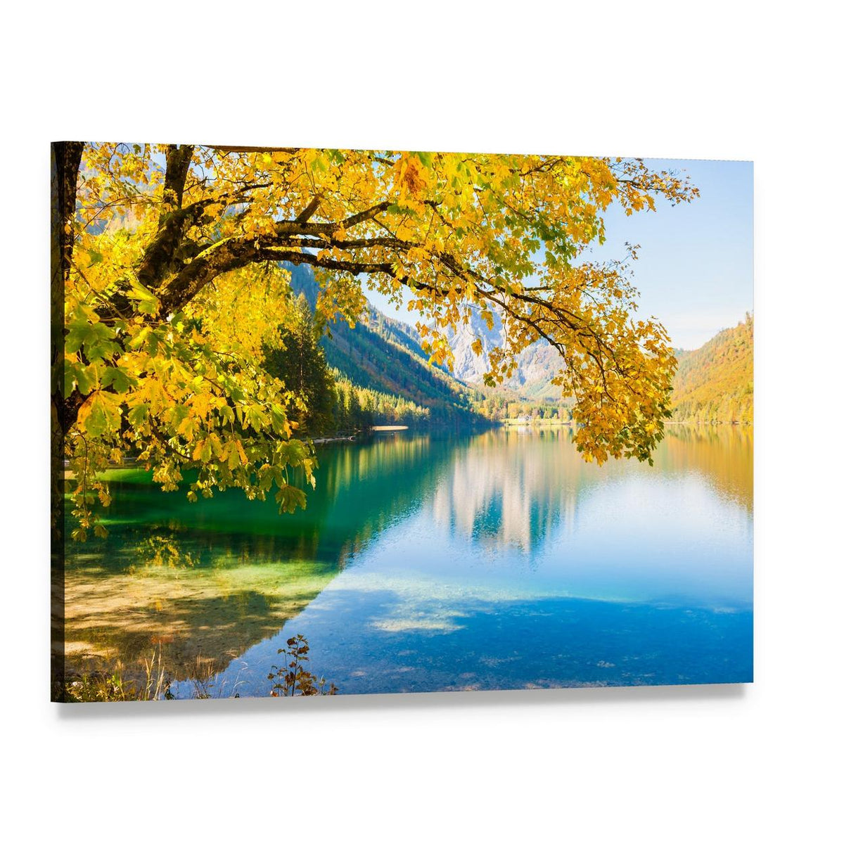 Autumn Trees on Lake Canvas Wall Art, single panel gallery wrapped canvas, angled product view