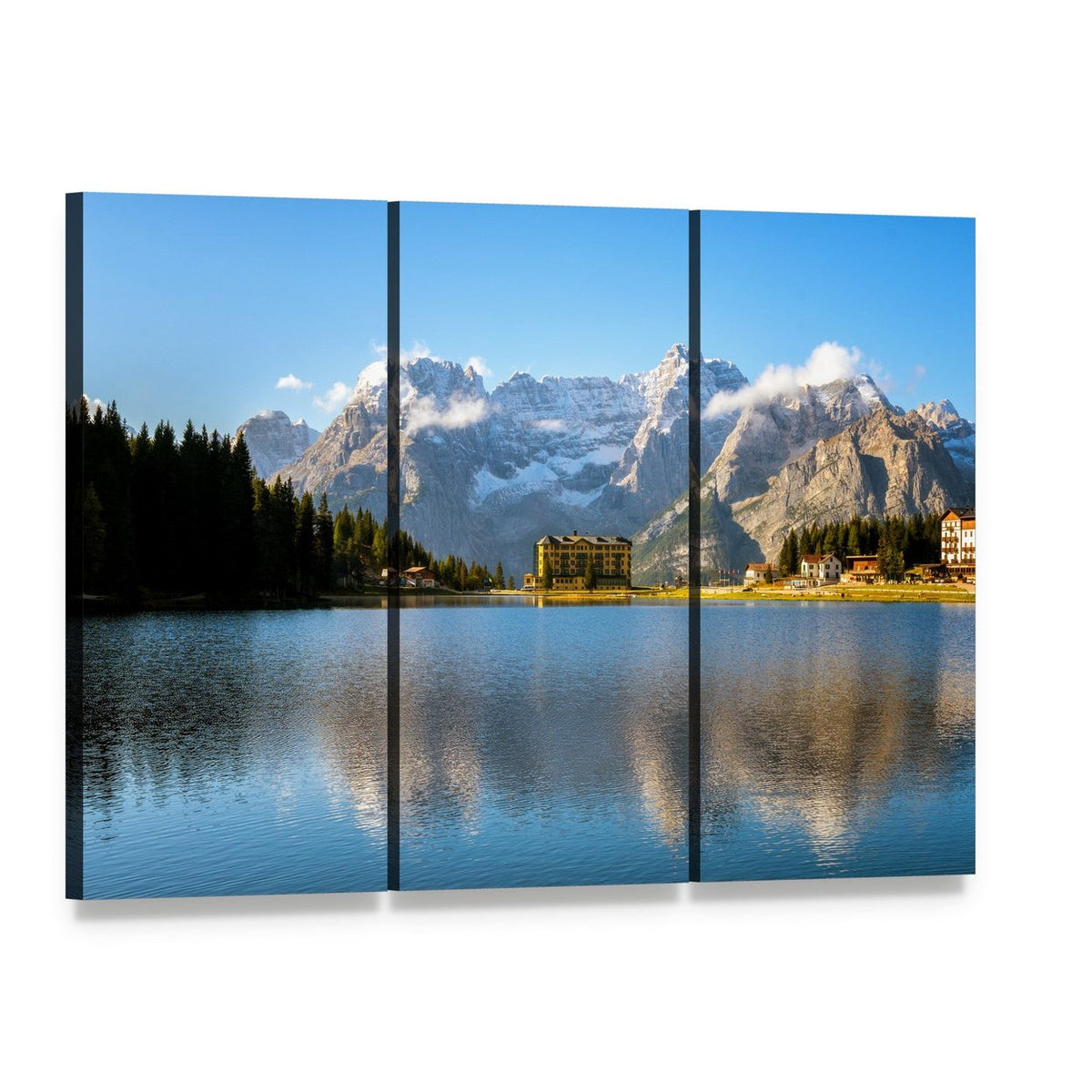 Lake Misurina and the Dolomites Canvas Wall Art, 3 panel 3 Horizontal layout gallery wrapped canvas set, angled product view