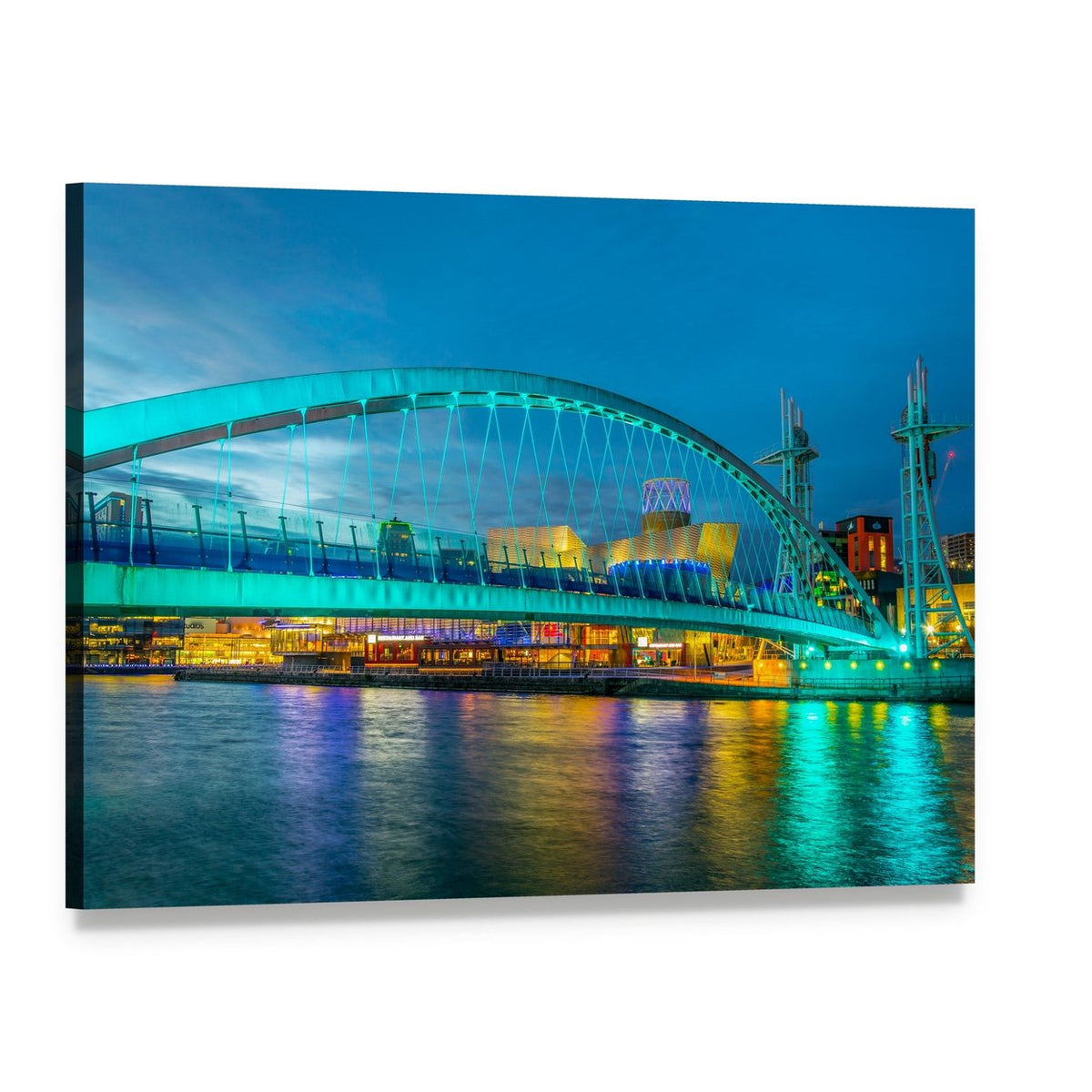 Illuminated Footbridge at Night Canvas Wall Art, single panel gallery wrapped canvas, angled product view