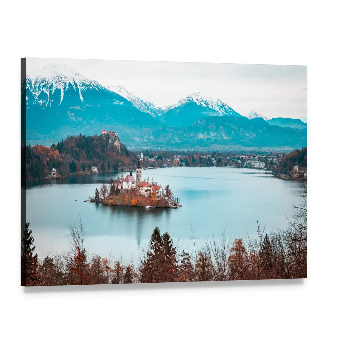 Bled Castle and Lake View Canvas Wall Art, single panel gallery wrapped canvas, angled product view