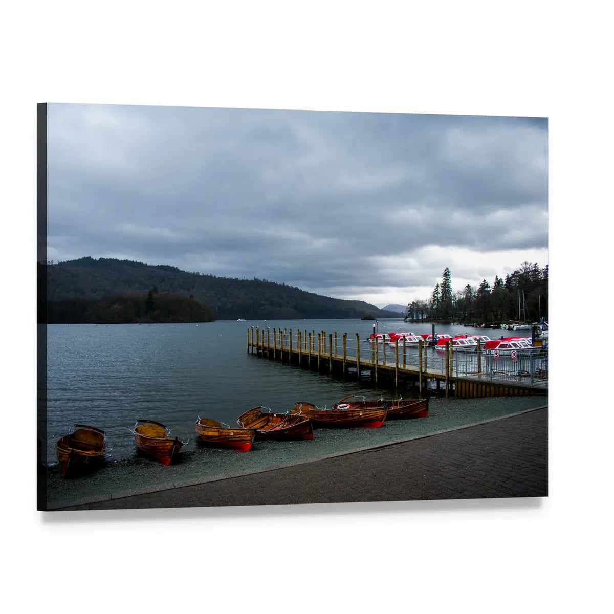 Wooden Rowboats on a Lake Canvas Wall Art, single panel gallery wrapped canvas, angled product view