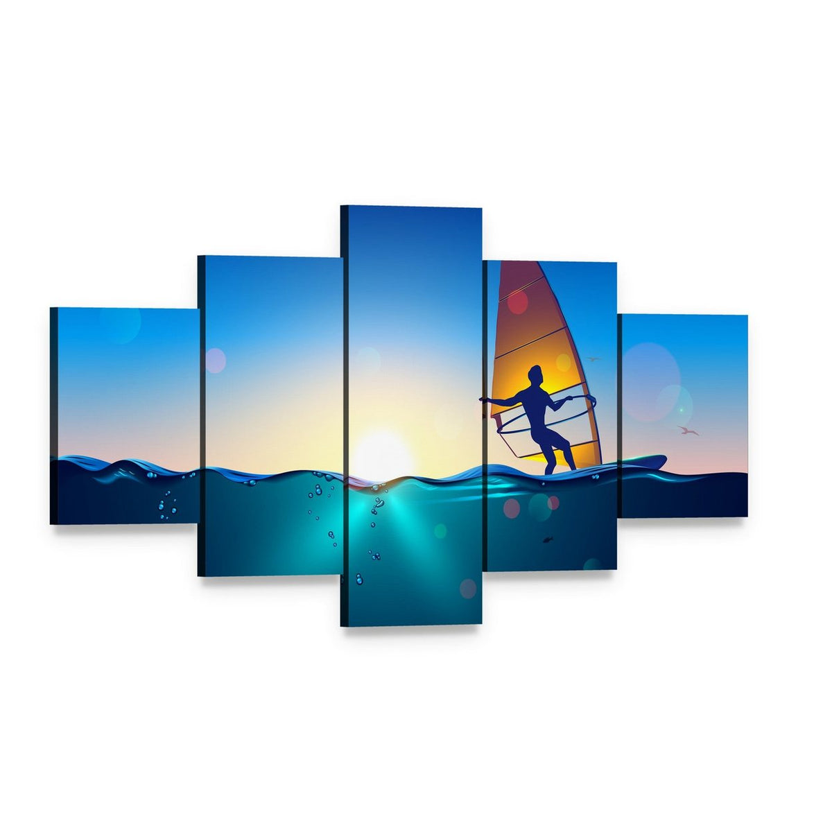 Sunset Windsurfing Scene Canvas Wall Art, 5 panel 5 Star layout gallery wrapped canvas set, angled product view