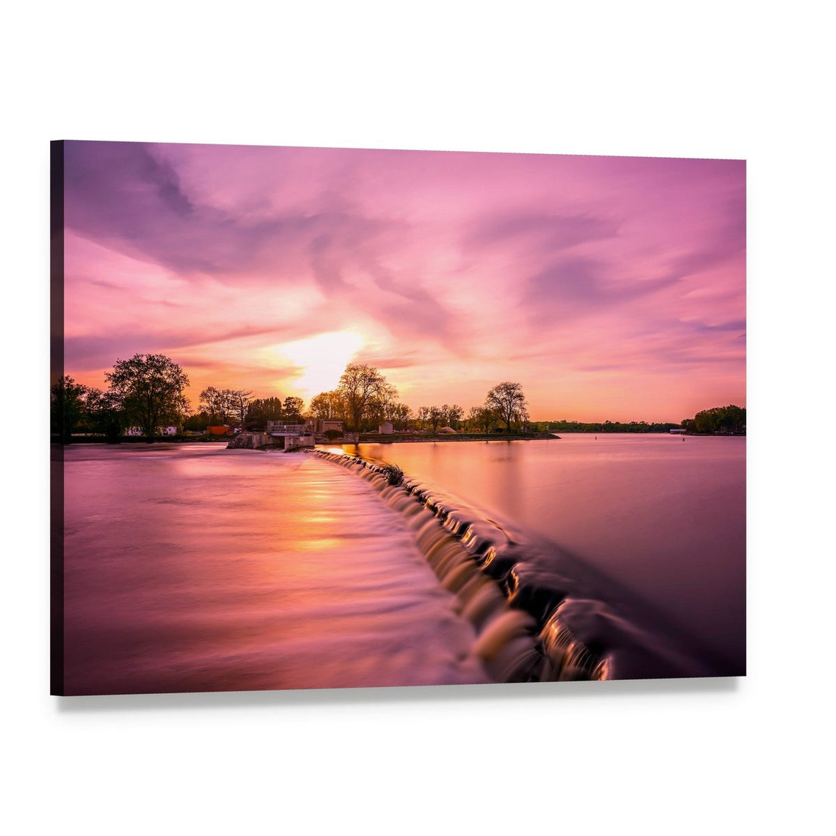 Fox River Dam at Sunset Canvas Wall Art, single panel gallery wrapped canvas, angled product view