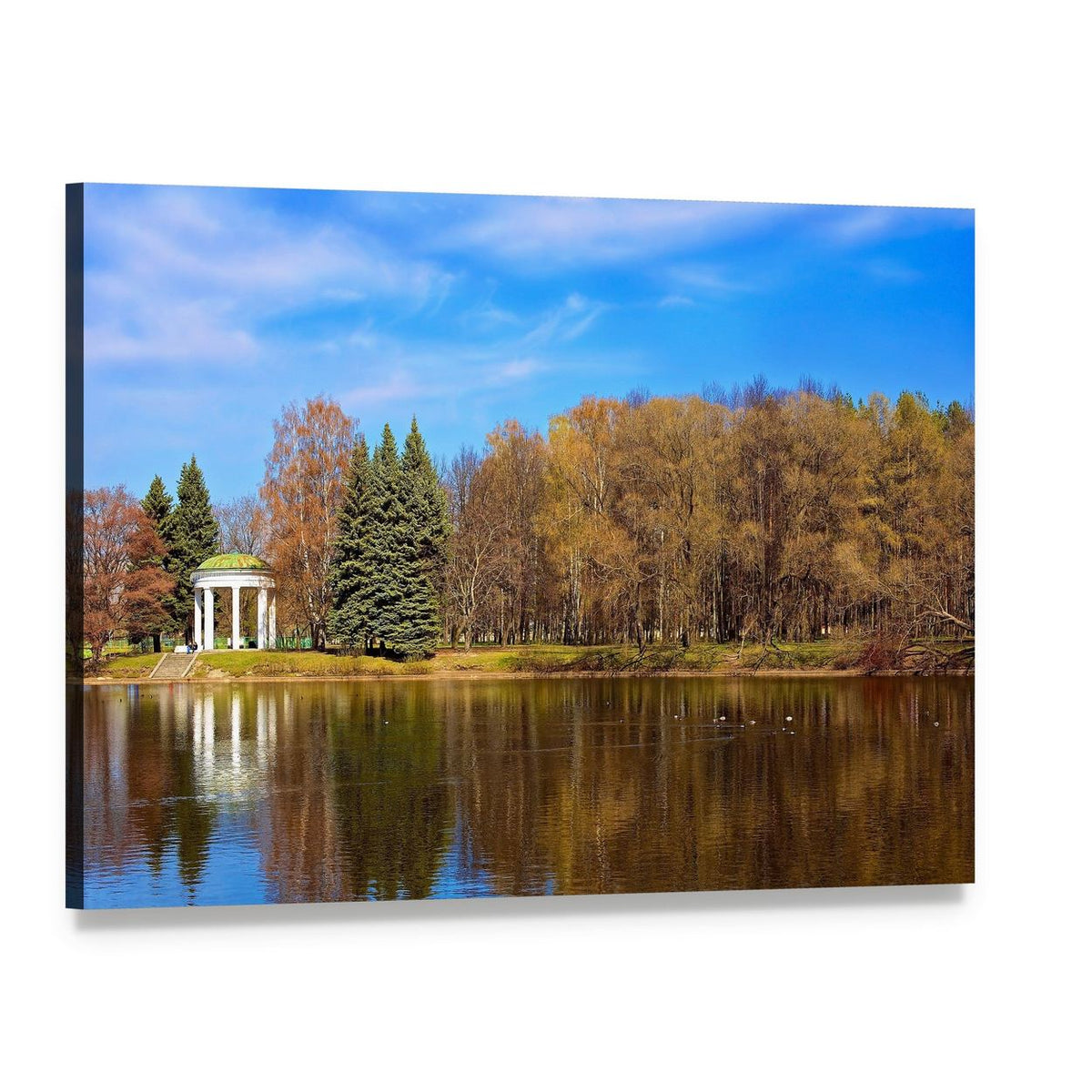 Lake Gazebo in Autumn Canvas Wall Art, single panel gallery wrapped canvas, angled product view