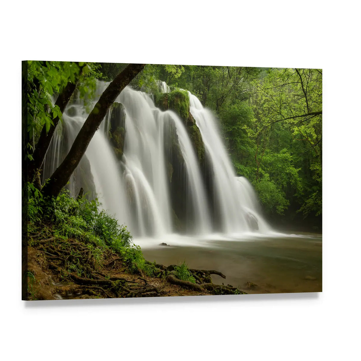 Forest Waterfall with Mossy Riverbank Canvas Wall Art, single panel gallery wrapped canvas, angled product view