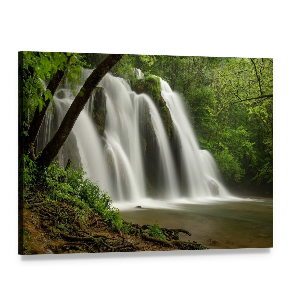 Jura Mountains Waterfall Canvas Wall Art, single panel gallery wrapped canvas, angled product view