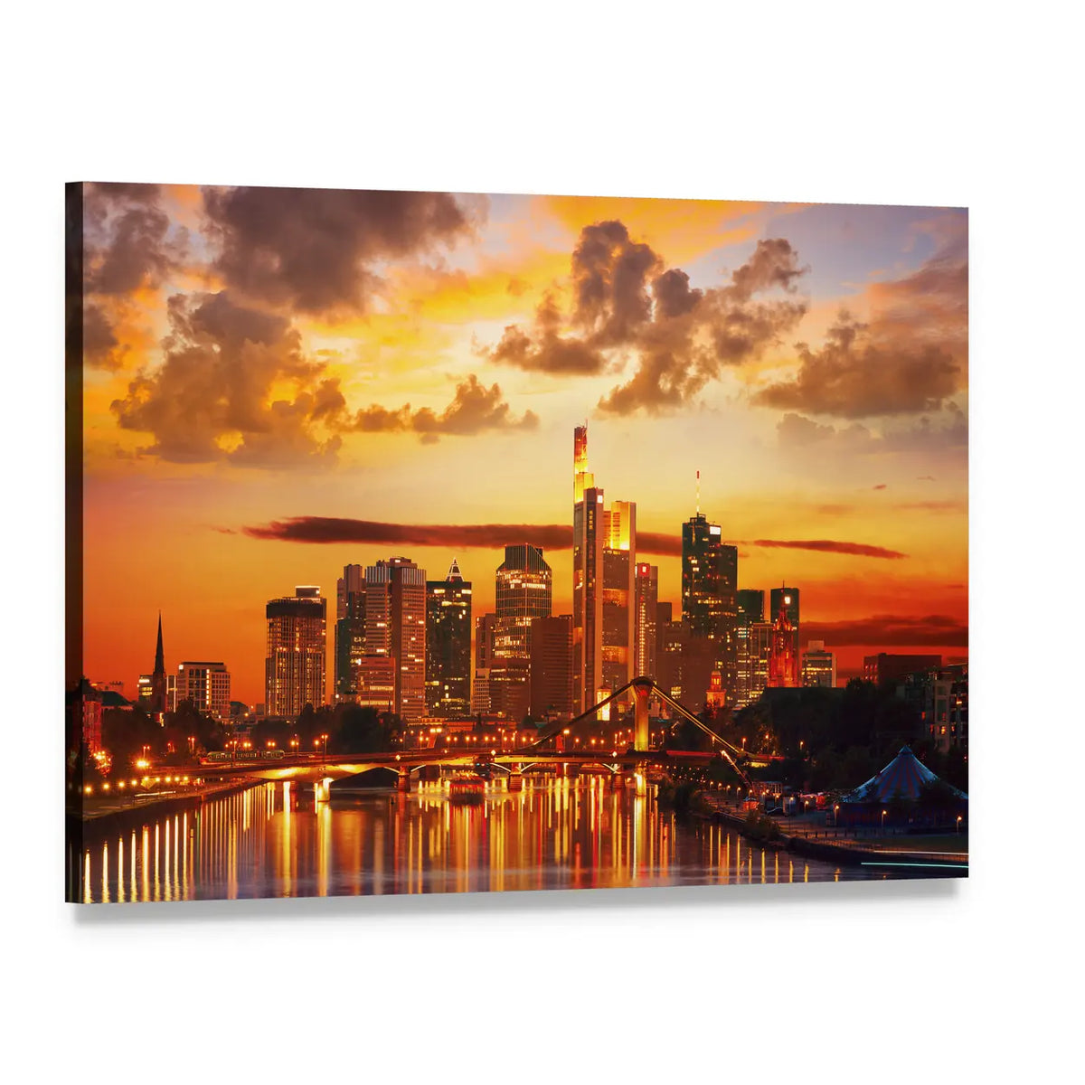 Frankfurt Skyline with River Reflections Canvas Wall Art, single panel gallery wrapped canvas, angled product view