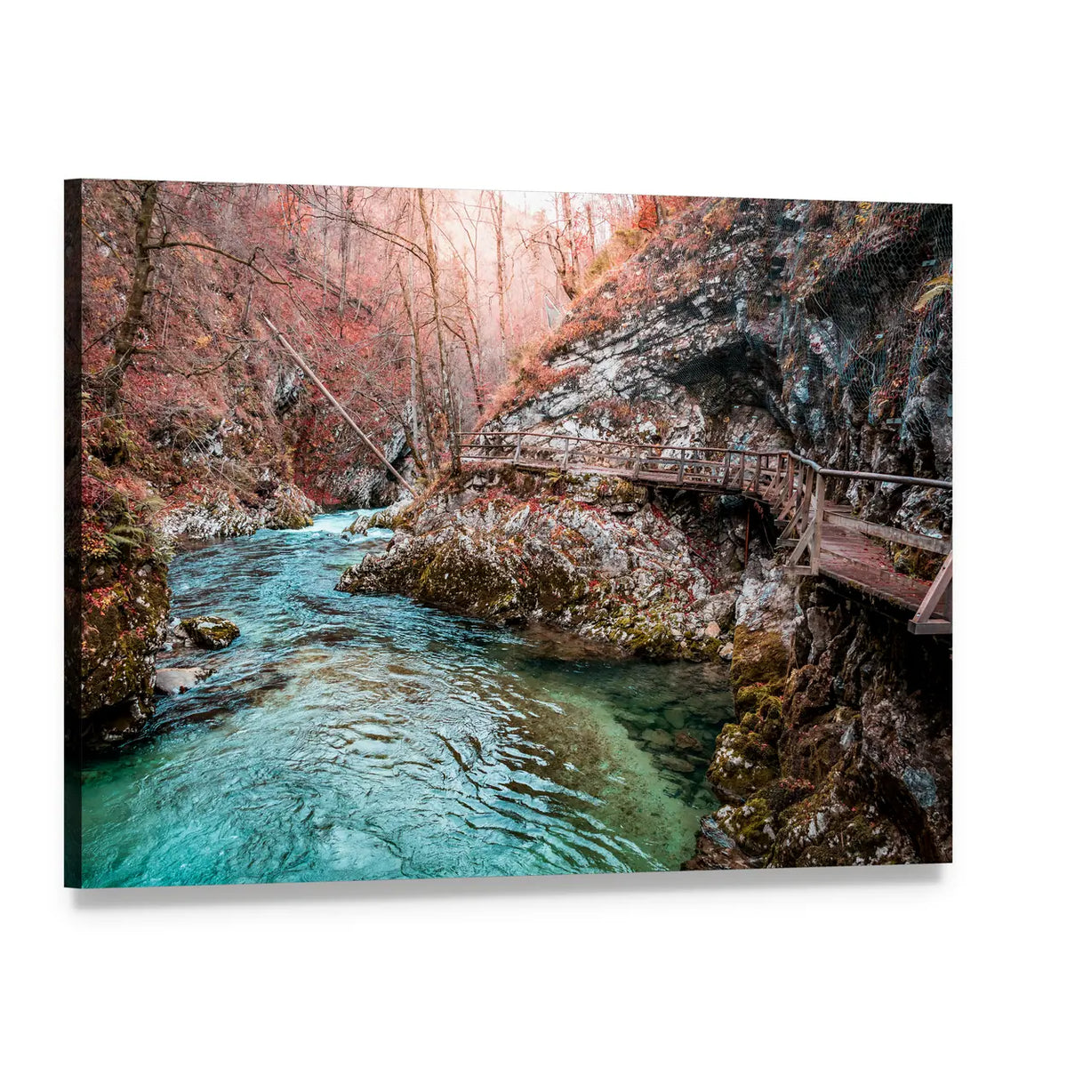 Turquoise River Through Autumn Canyon Canvas Wall Art, single panel gallery wrapped canvas, angled product view